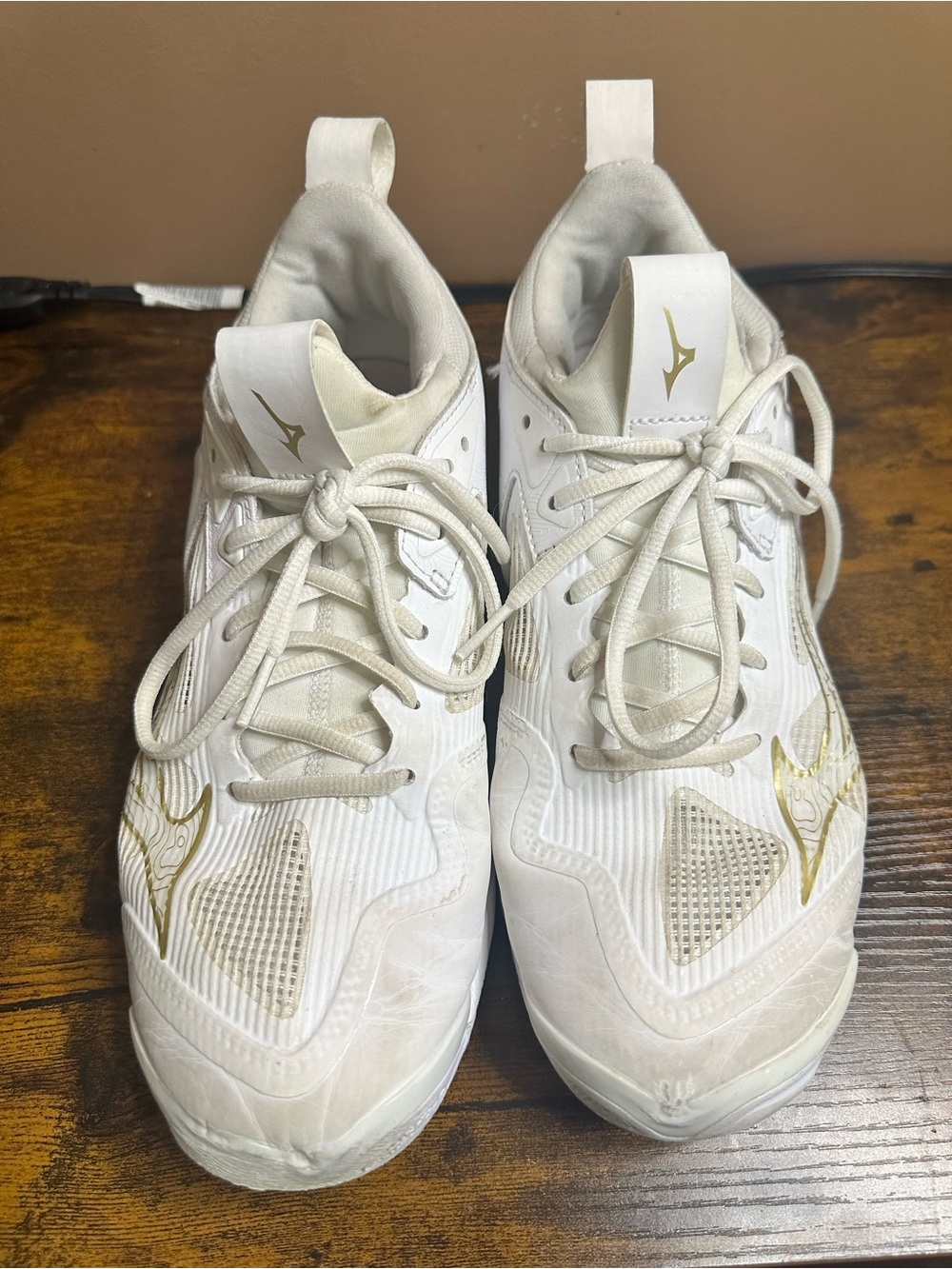 Mizuno Women's White Athletic Sneakers with Gold Logo Accents
